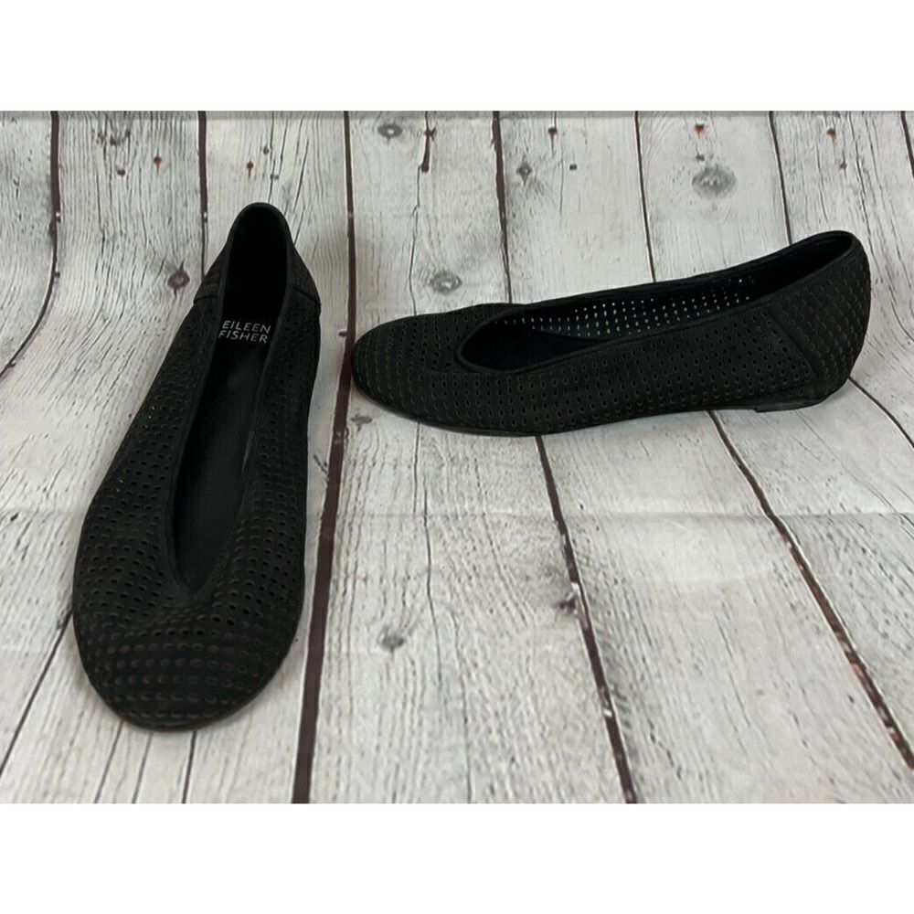 EILEEN FISHER black suede laser cut flat shoes ballerina size 8